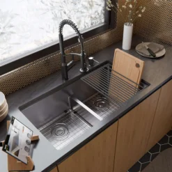Karran Fusion 33" Undermount Stainless Steel ADA Workstation Kitchen Sink with Accessories, 50/50 Double Bowl, 16 Gauge, UUMDB3322-PK1
