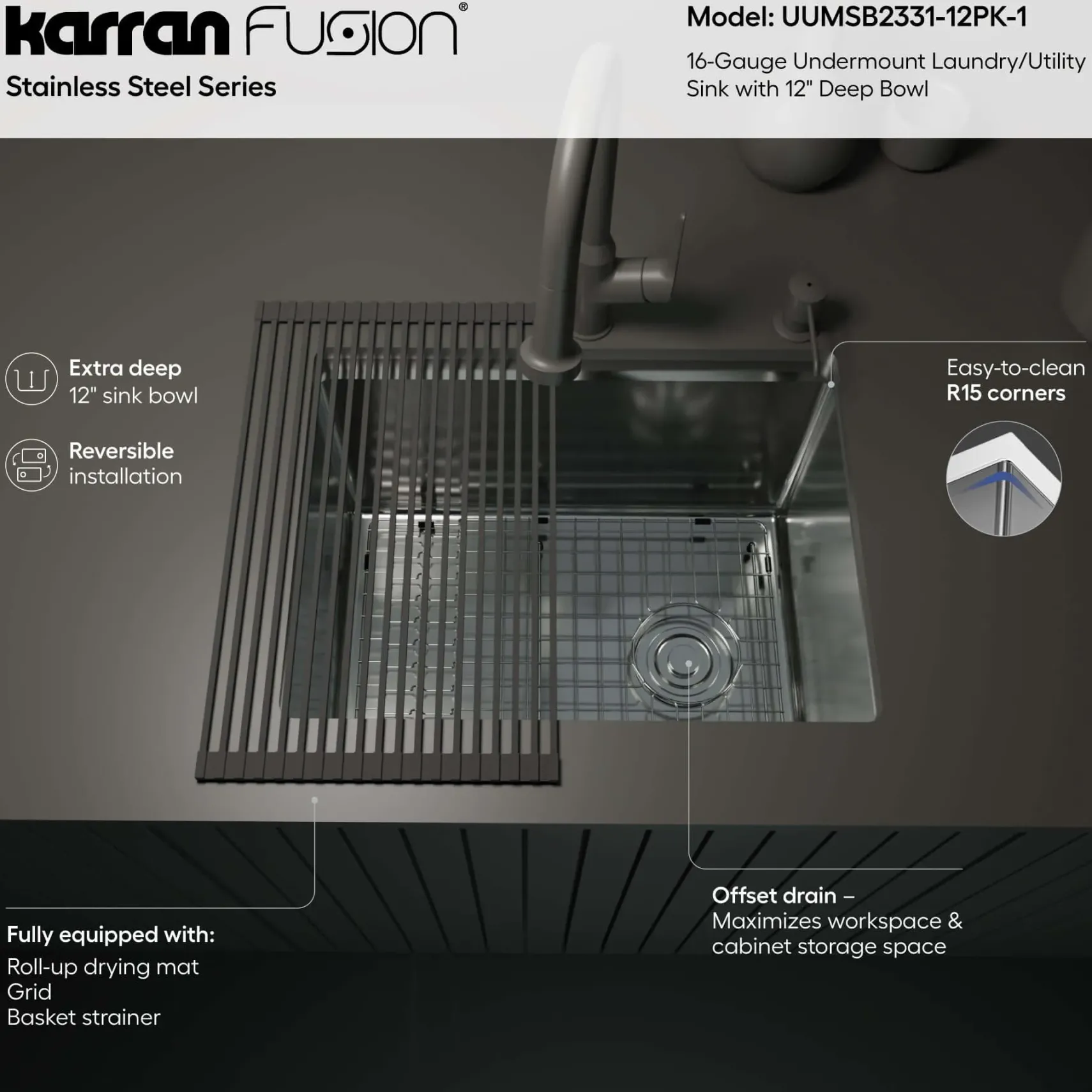 Karran Fusion 23" Undermount Stainless Steel ADA Kitchen Sink with Accessories, 16 Gauge, UUMSB2331-12PK1