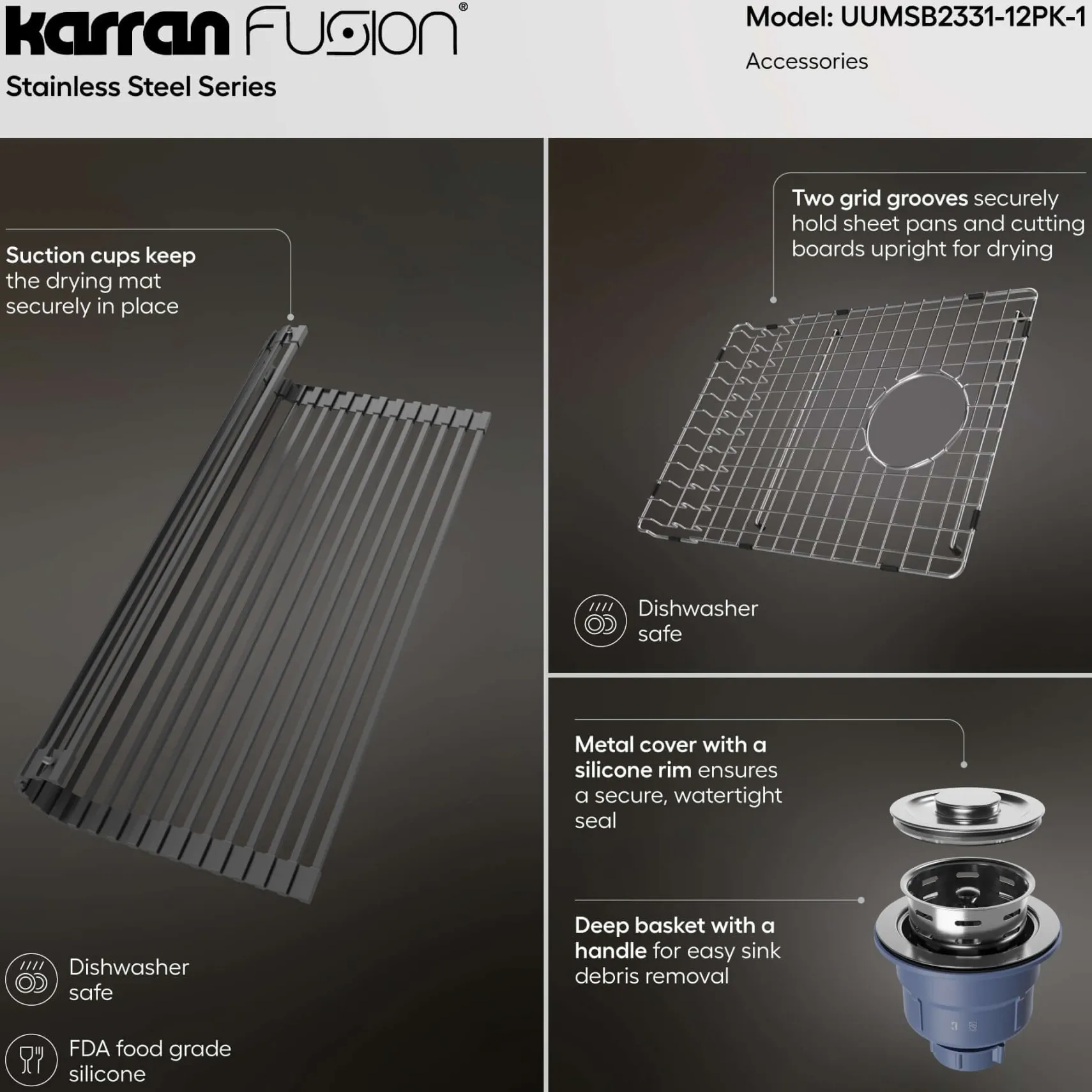 Karran Fusion 23" Undermount Stainless Steel ADA Kitchen Sink with Accessories, 16 Gauge, UUMSB2331-12PK1