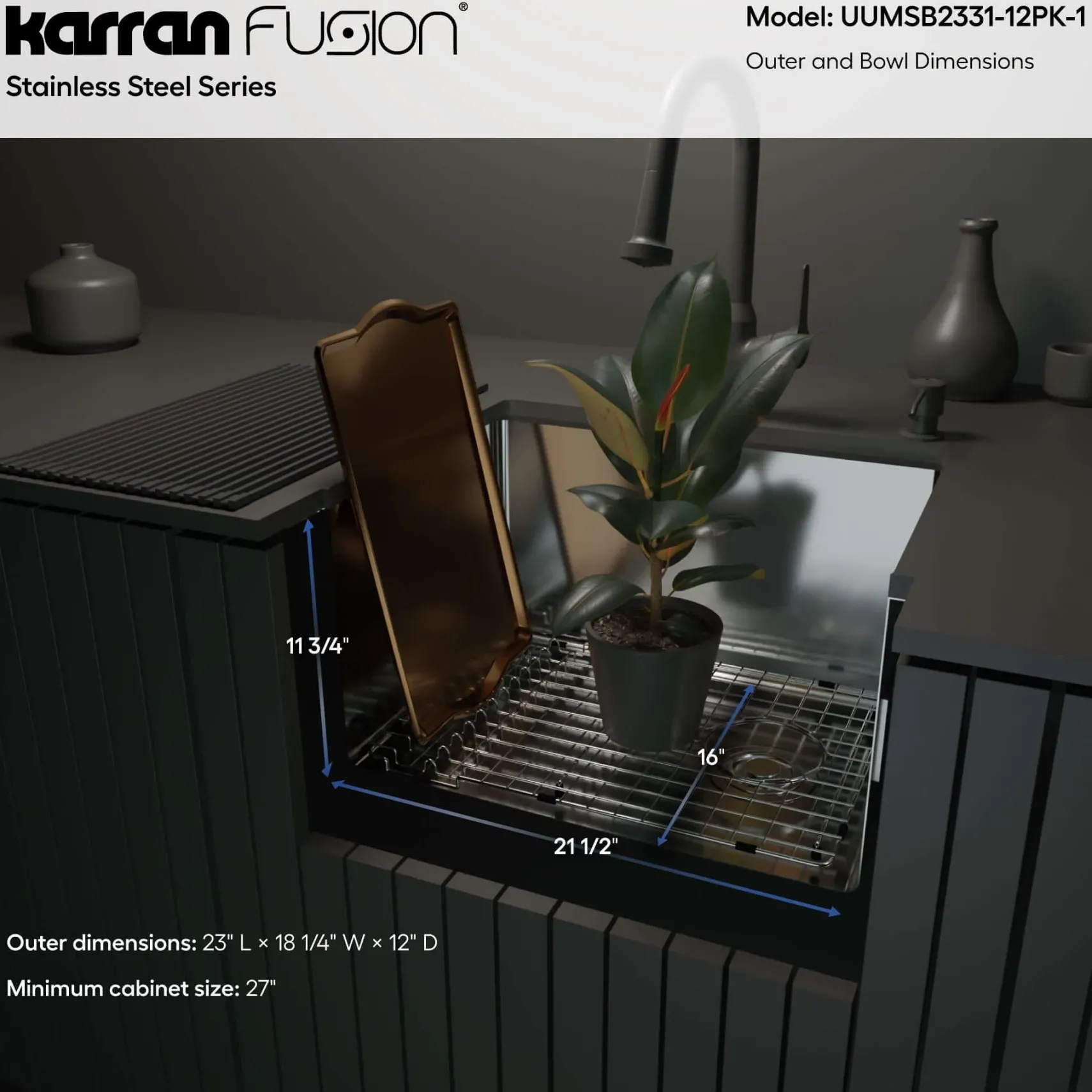 Karran Fusion 23" Undermount Stainless Steel ADA Kitchen Sink with Accessories, 16 Gauge, UUMSB2331-12PK1