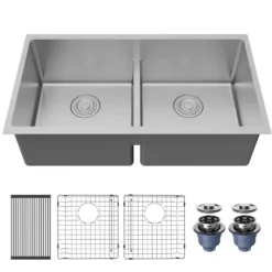Karran Fusion 33" Undermount Stainless Steel ADA Kitchen Sink with Accessories, 50/50 Double Bowl, 16 Gauge, UUMDB3321-PK1