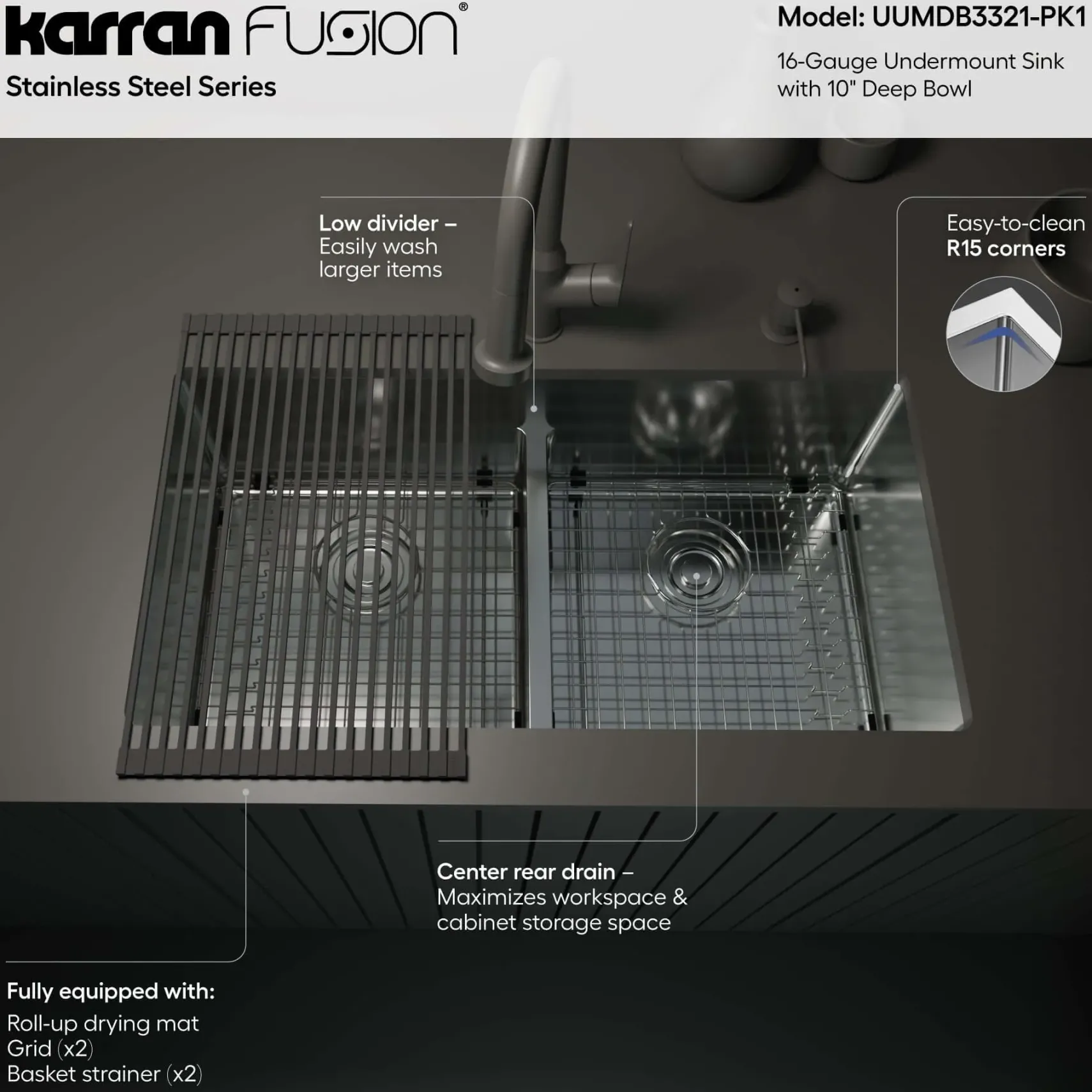 Karran Fusion 33" Undermount Stainless Steel ADA Kitchen Sink with Accessories, 50/50 Double Bowl, 16 Gauge, UUMDB3321-PK1