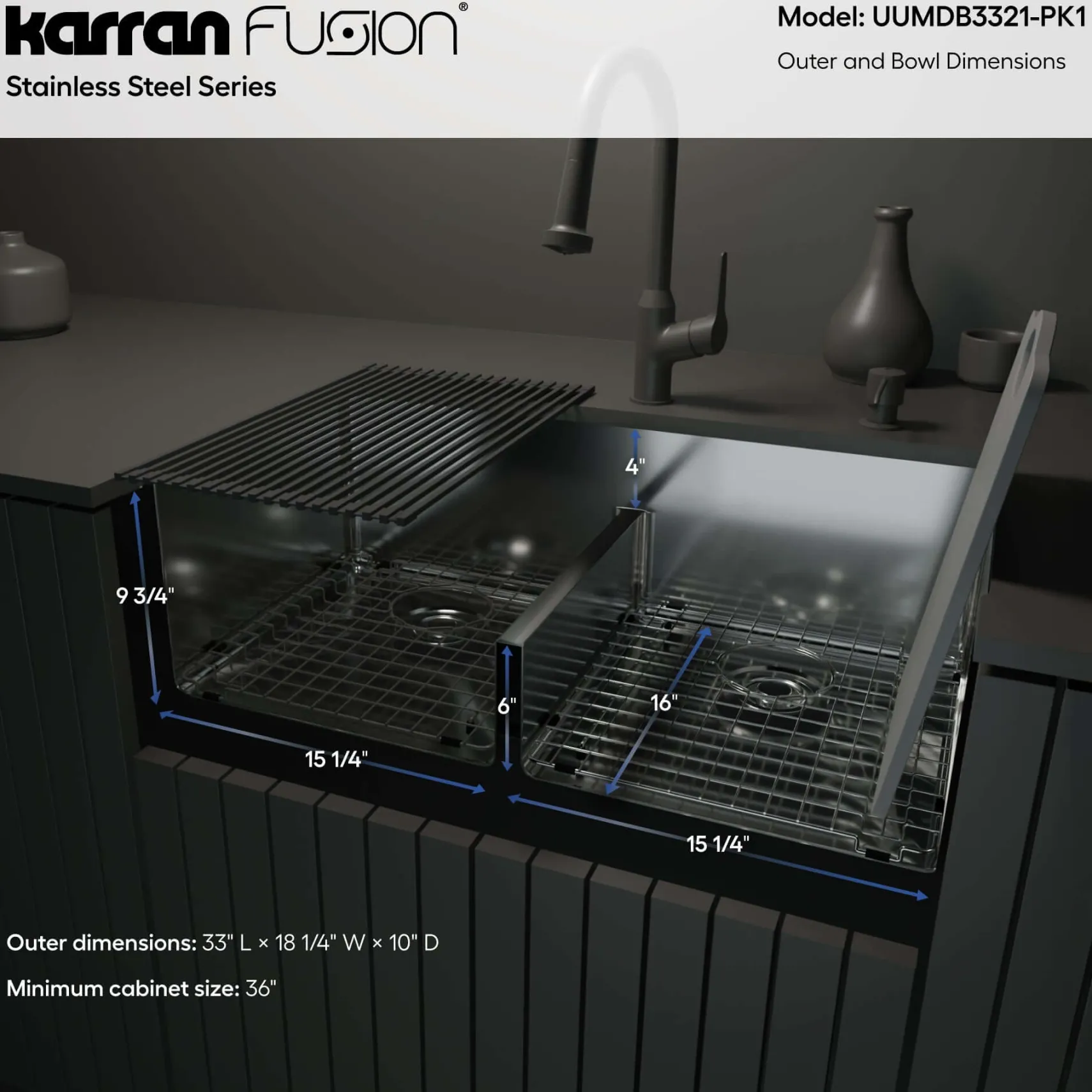 Karran Fusion 33" Undermount Stainless Steel ADA Kitchen Sink with Accessories, 50/50 Double Bowl, 16 Gauge, UUMDB3321-PK1