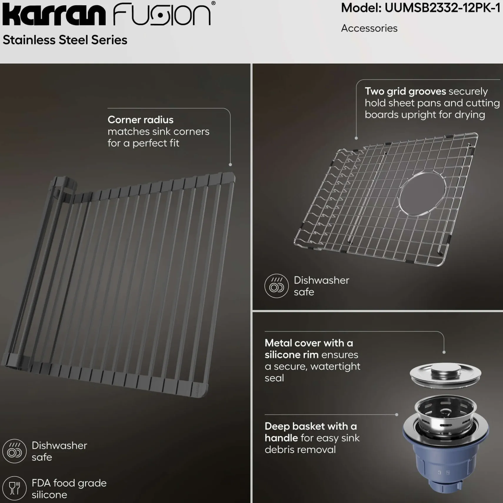 Karran Fusion 23" Undermount Stainless Steel ADA Workstation Kitchen Sink with Accessories, 16 Gauge, UUMSB2332-12PK1