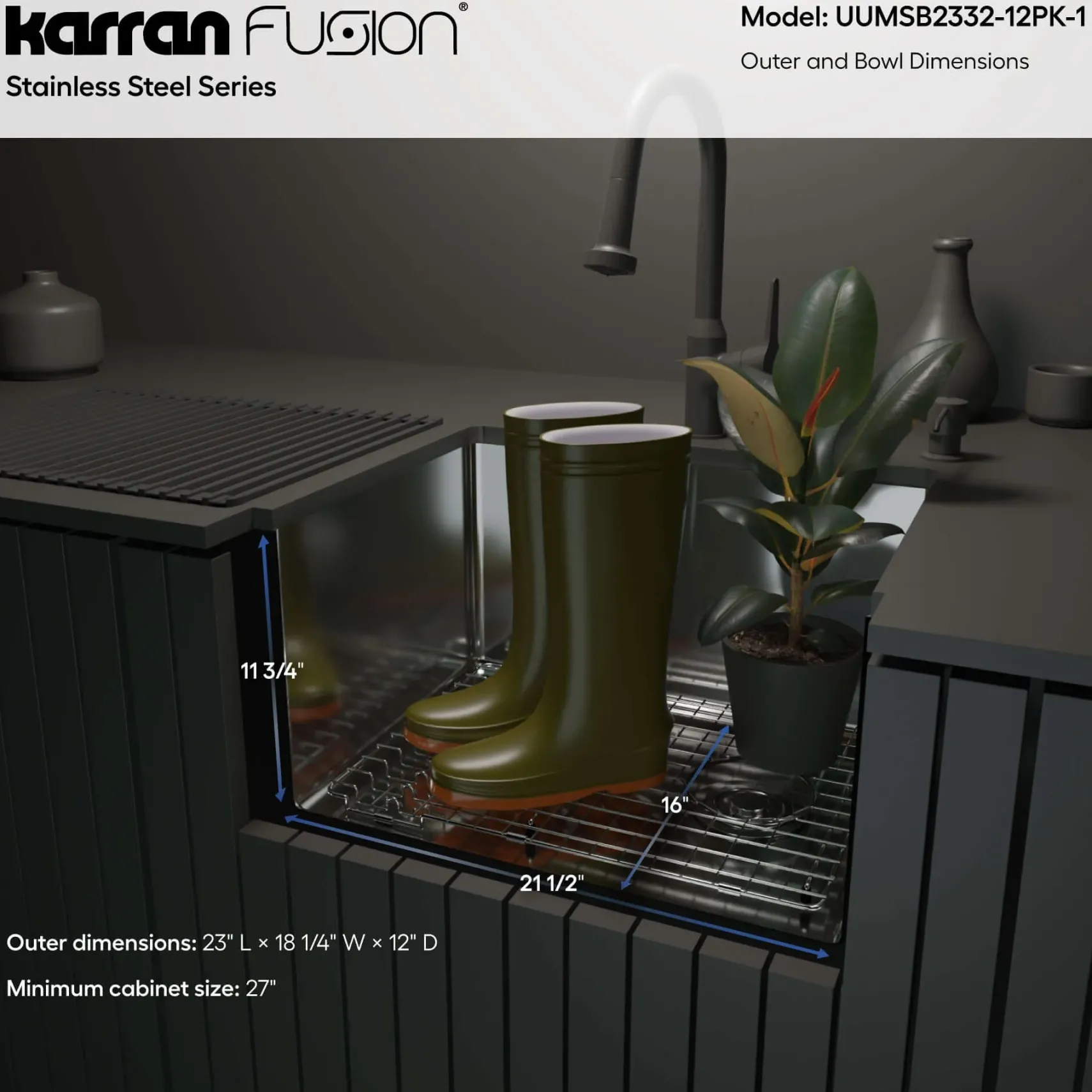 Karran Fusion 23" Undermount Stainless Steel ADA Workstation Kitchen Sink with Accessories, 16 Gauge, UUMSB2332-12PK1