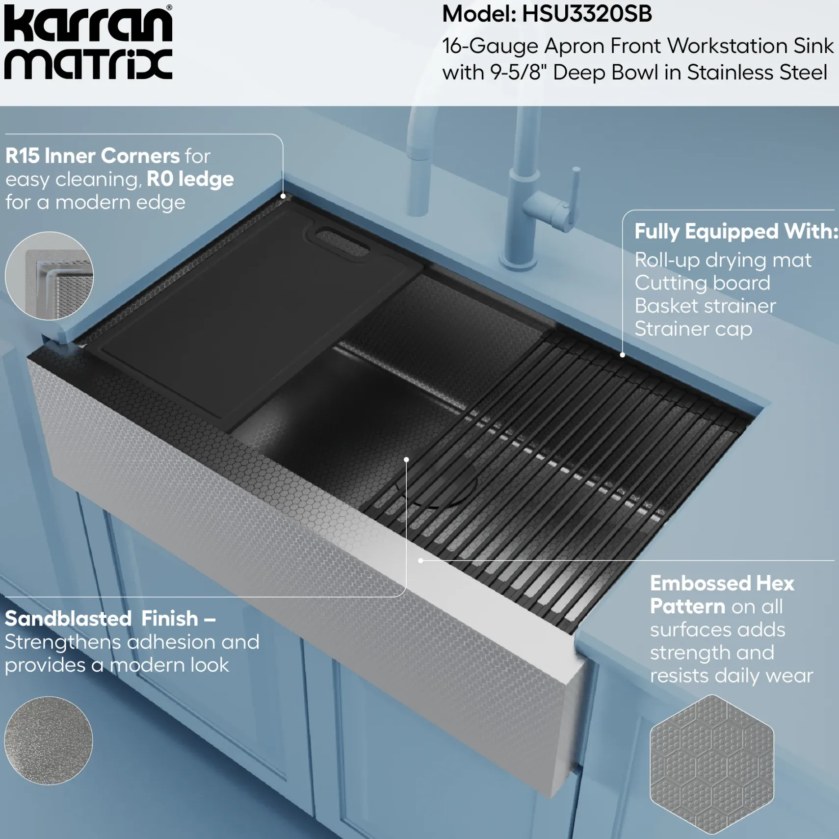 Karran Matrix 33" Stainless Steel Workstation Farmhouse Sink, HSU3320SB
