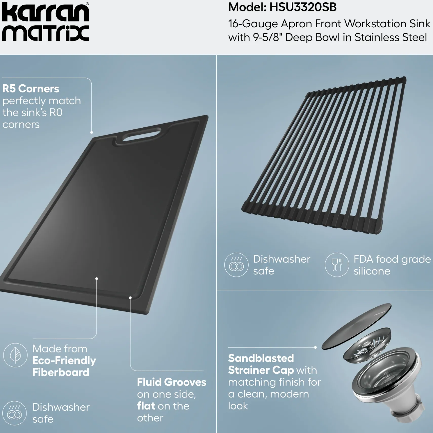 Karran Matrix 33" Stainless Steel Workstation Farmhouse Sink, HSU3320SB