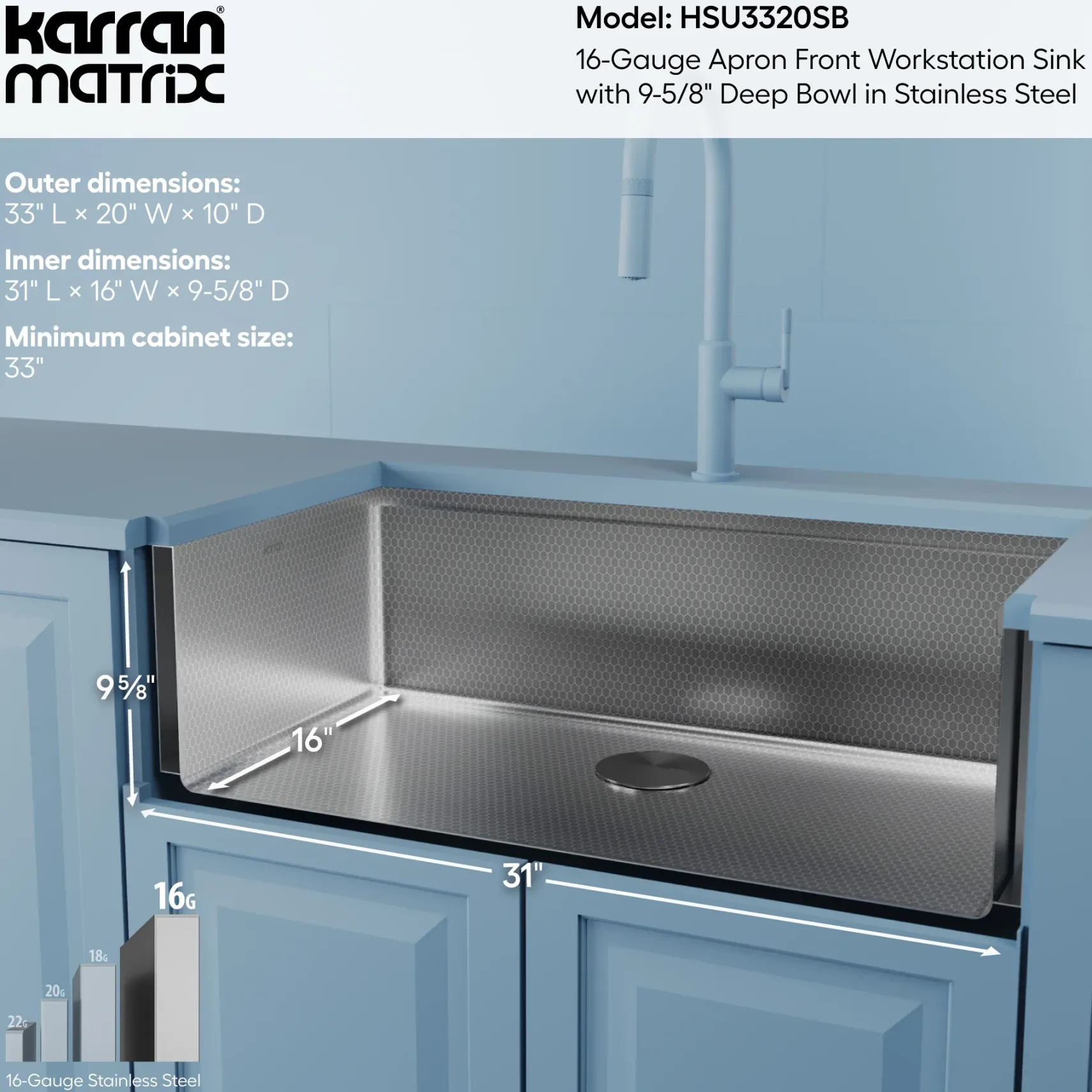 Karran Matrix 33" Stainless Steel Workstation Farmhouse Sink, HSU3320SB