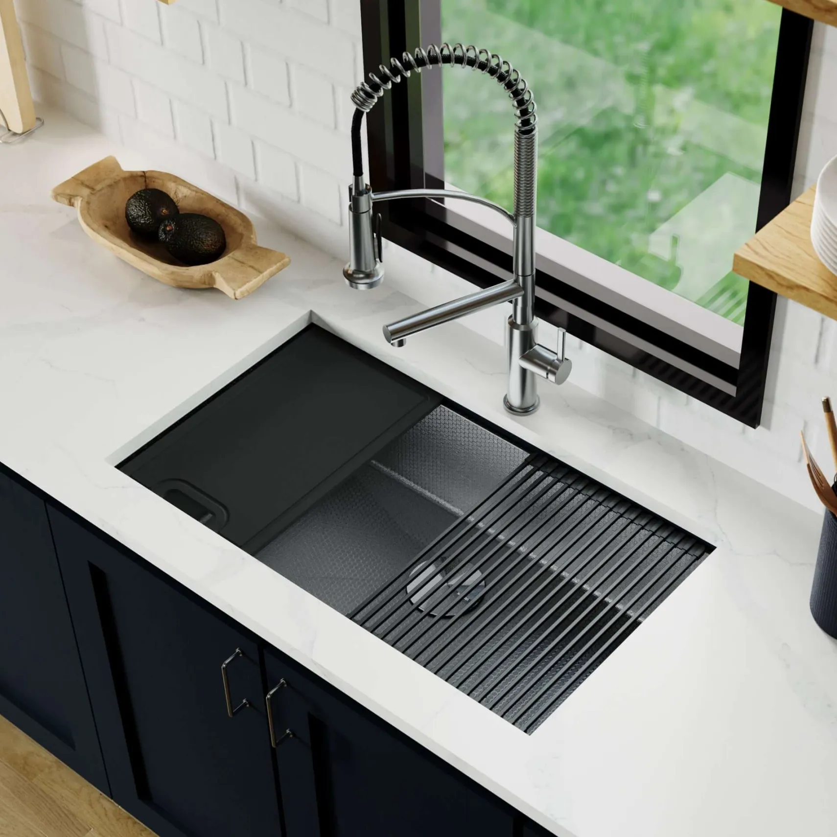 Karran Matrix 32" Undermount Stainless Steel Workstation Kitchen Sink with Accessories, Gunmetal Grey, 16 Gauge, HSU3219SBGG