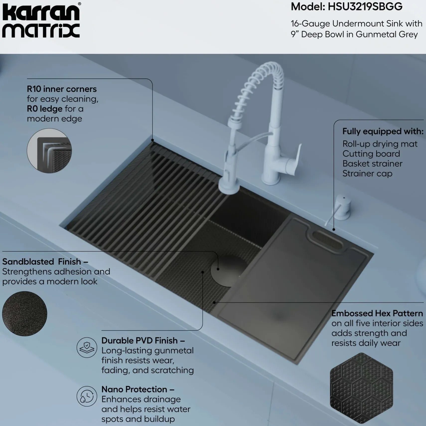 Karran Matrix 32" Undermount Stainless Steel Workstation Kitchen Sink with Accessories, Gunmetal Grey, 16 Gauge, HSU3219SBGG