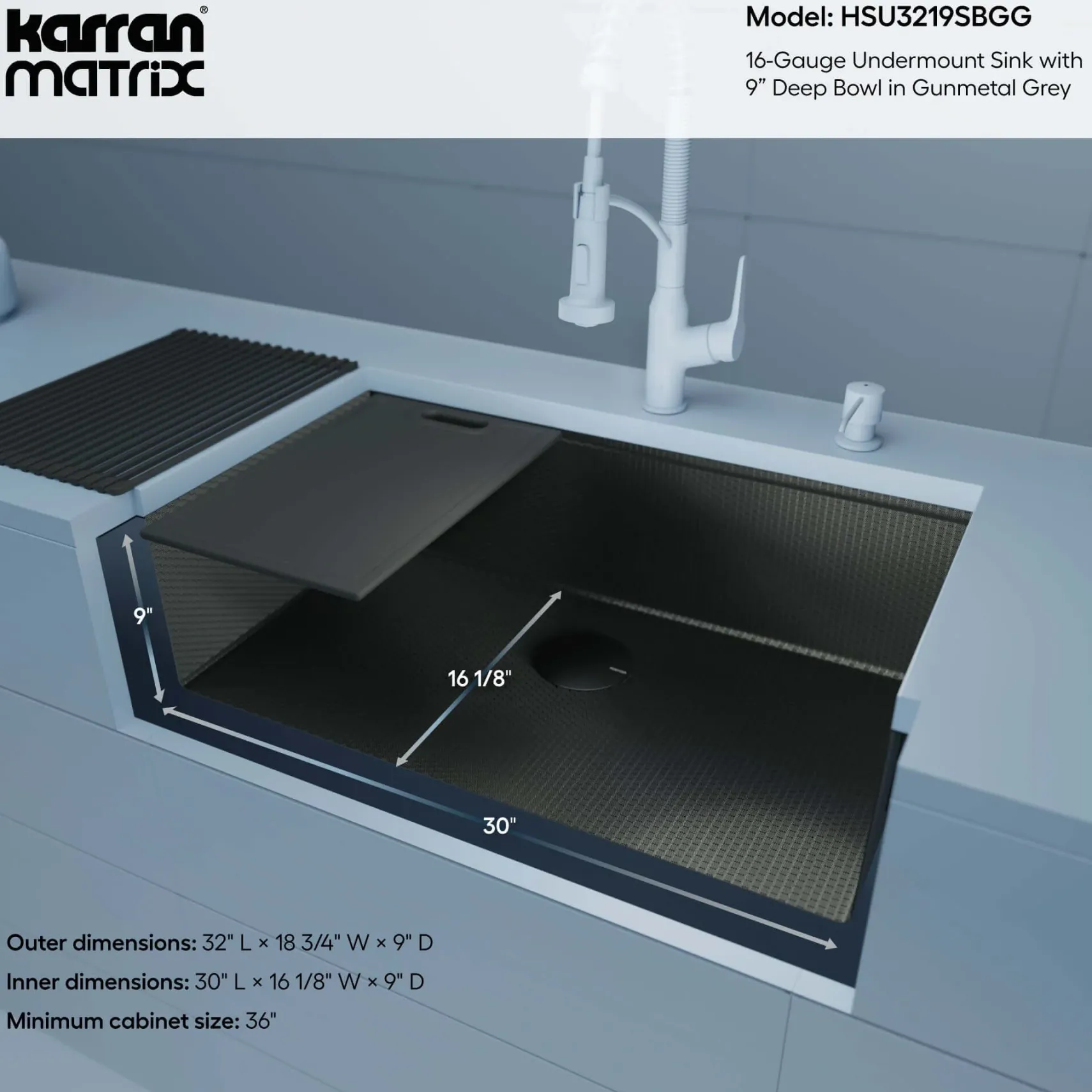 Karran Matrix 32" Undermount Stainless Steel Workstation Kitchen Sink with Accessories, Gunmetal Grey, 16 Gauge, HSU3219SBGG
