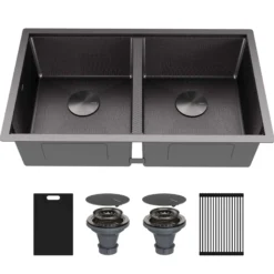 Karran Matrix 32" Undermount Stainless Steel Workstation Kitchen Sink with Accessories, 50/50 Double Bowl, Gunmetal Grey, 16 Gauge, HSU3219DBGG