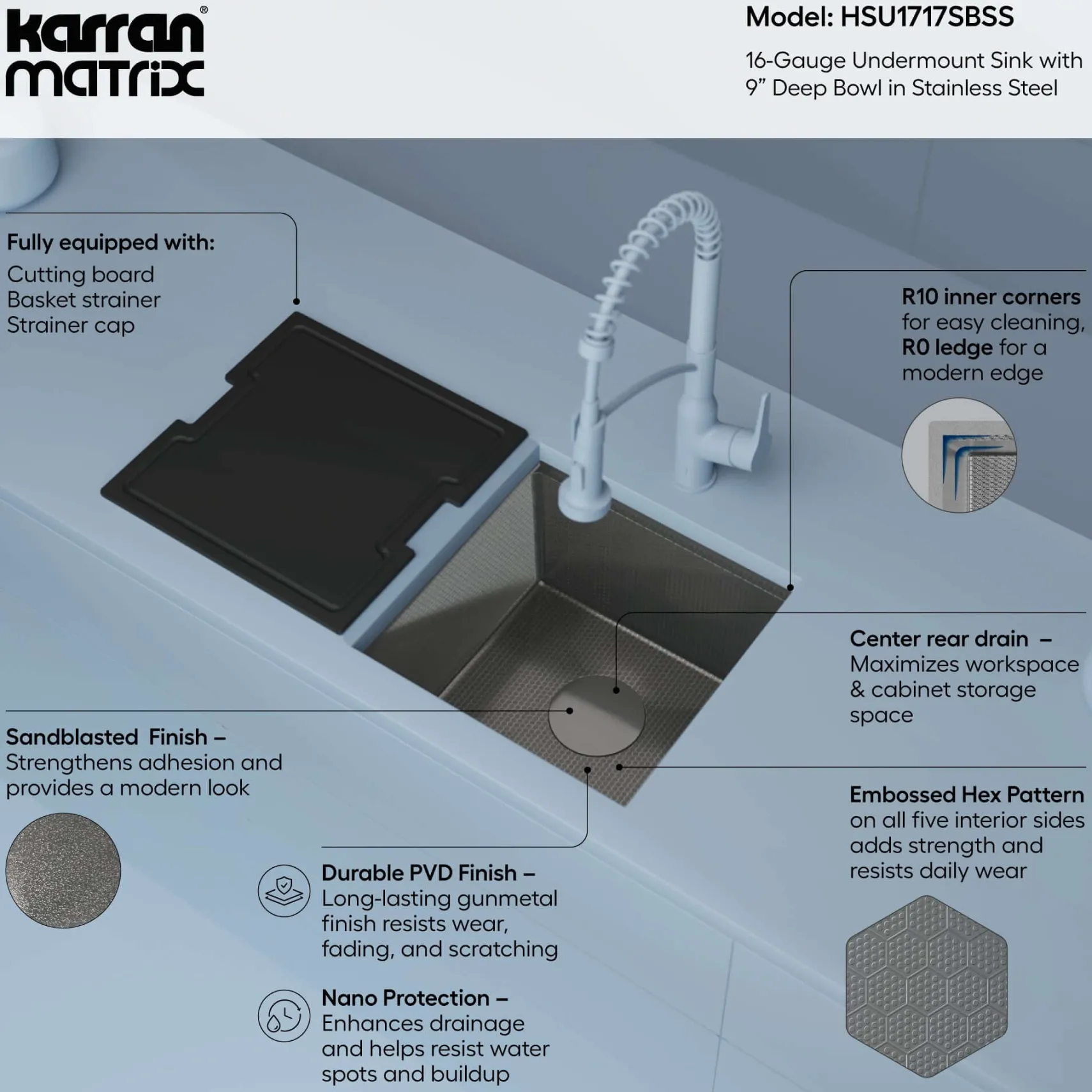 Karran Matrix 17" Undermount Stainless Steel Workstation Kitchen Sink with Accessories, 16 Gauge, HSU1717SBSS