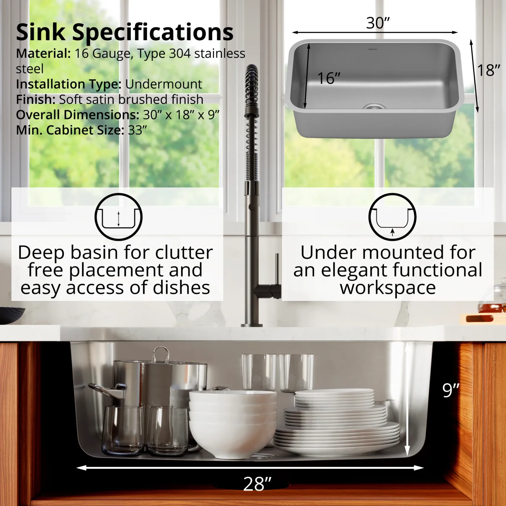 Karran Profile 30" Undermount Stainless Steel Kitchen Sink with Accessories, 16 Gauge, PU55-PK1