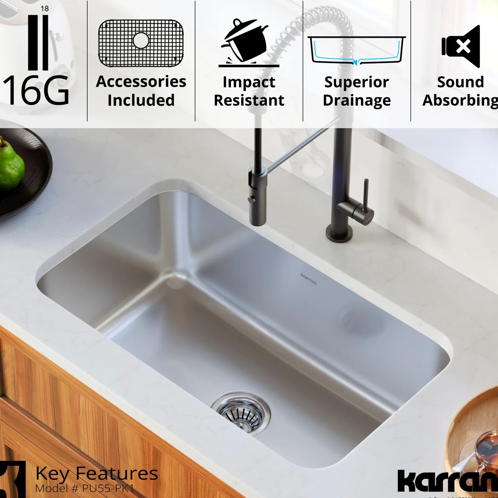 Karran Profile 30" Undermount Stainless Steel Kitchen Sink with Accessories, 16 Gauge, PU55-PK1