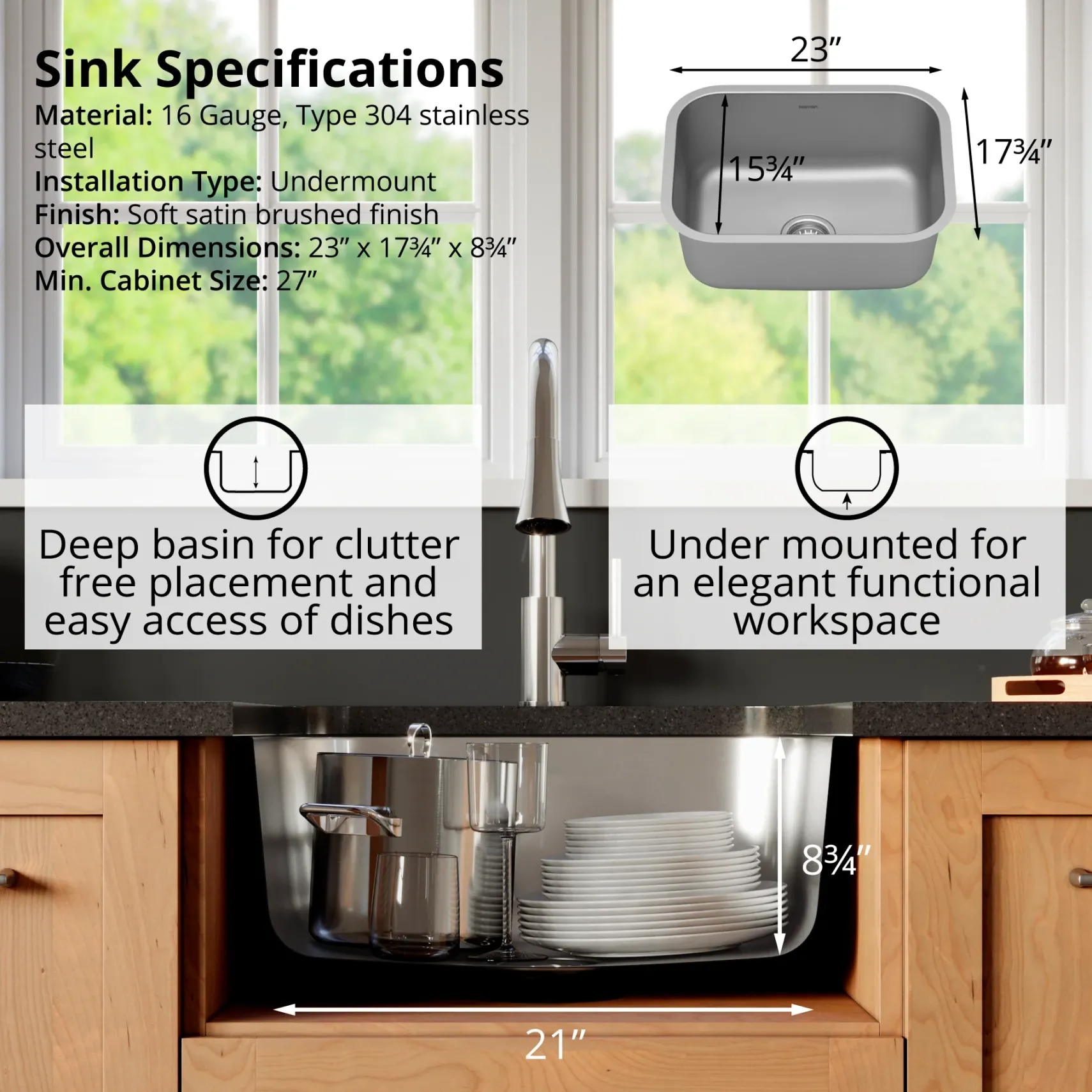 Karran Profile 23" Undermount Stainless Steel Kitchen Sink with Accessories, 16 Gauge, PU57-PK1