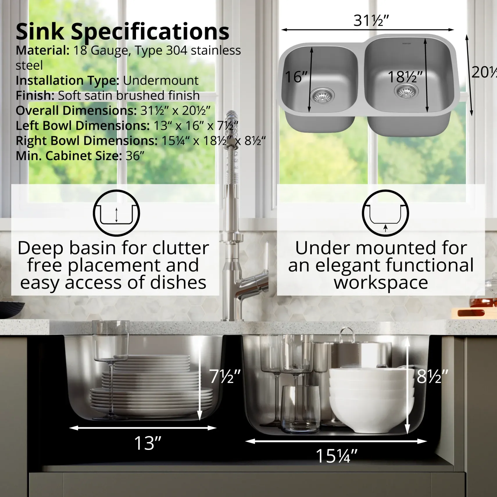 Karran Profile 32" Undermount Stainless Steel Kitchen Sink with Accessories, 40/60 Double Bowl, 18 Gauge, PU23L-PK1