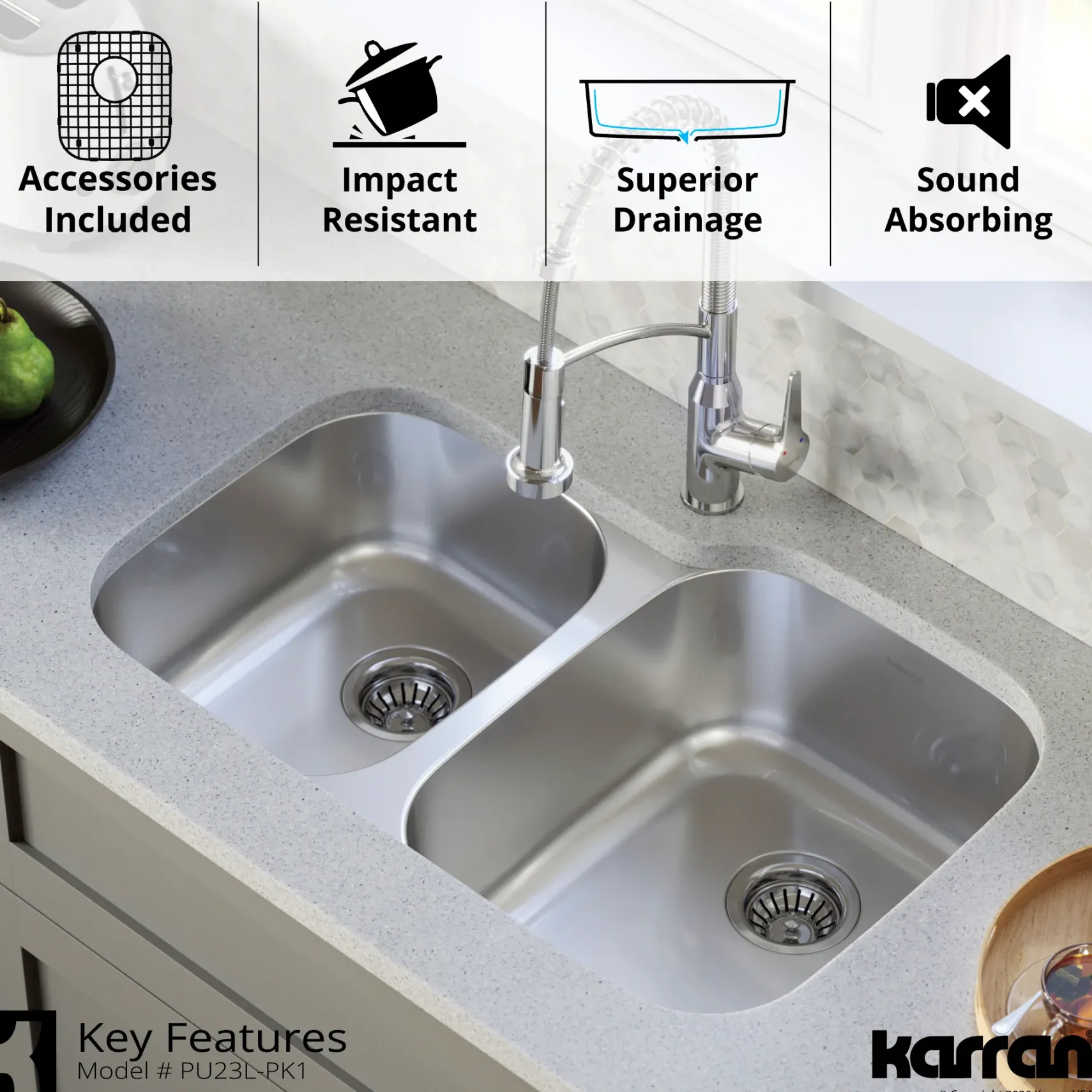 Karran Profile 32" Undermount Stainless Steel Kitchen Sink with Accessories, 40/60 Double Bowl, 18 Gauge, PU23L-PK1