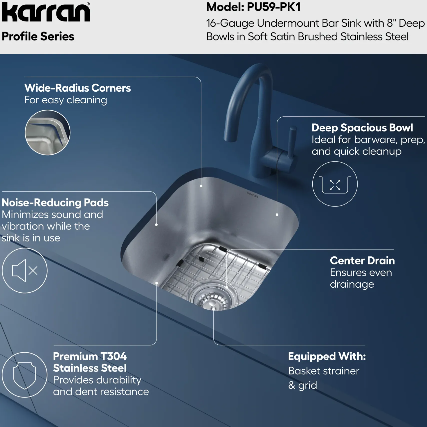 Karran Profile 15" Undermount Stainless Steel Kitchen Sink, PU59-PK1