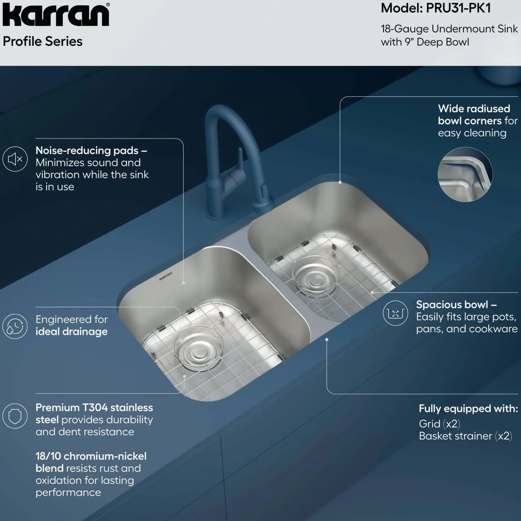 Karran Profile 32" Undermount Stainless Steel Kitchen Sink with Accessories, 50/50 Double Bowl, 18 Gauge, PRU31-PK1