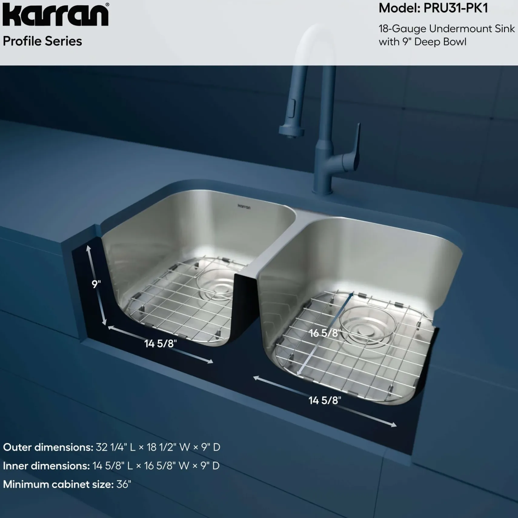 Karran Profile 32" Undermount Stainless Steel Kitchen Sink with Accessories, 50/50 Double Bowl, 18 Gauge, PRU31-PK1