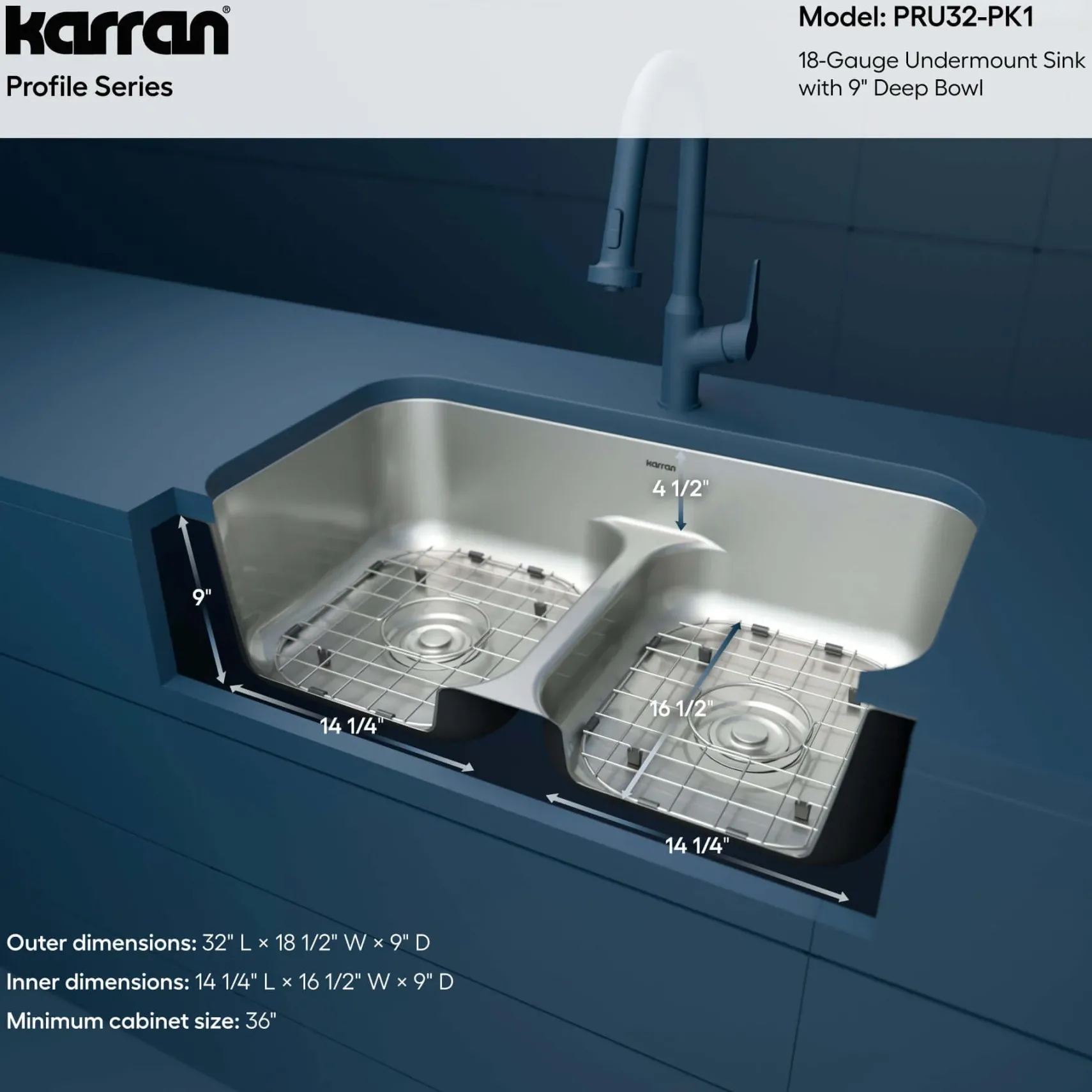 Karran Profile 32" Undermount Stainless Steel Kitchen Sink with Accessories, 50/50 Double Bowl, 18 Gauge, PRU32-PK1