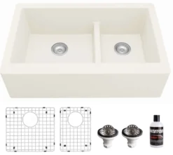 Karran 34" Quartz Composite Farmhouse Sink, 60/40 Double Bowl, White, QA-760-WH-PK1