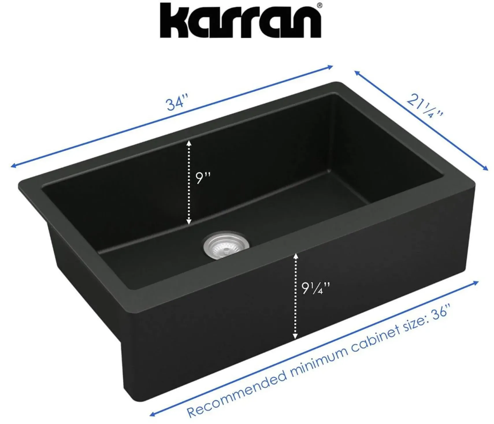 Karran 34" Quartz Composite Farmhouse Sink, Black, QA-740-BL