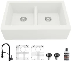 Karran 34" Quartz Composite Farmhouse Sink with Matte Black Faucet and Accessories, 50/50 Double Bowl, White, QA750WH210MB