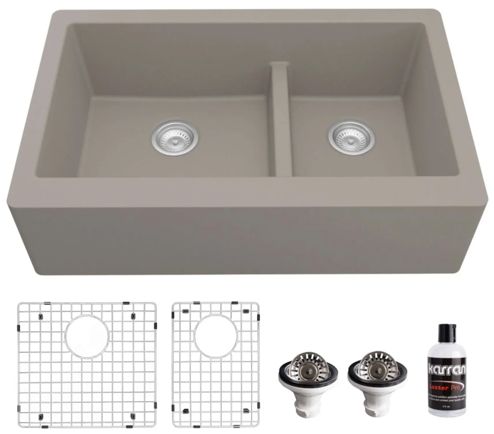 Karran 34" Quartz Composite Farmhouse Sink, 60/40 Double Bowl, Concrete, QA-760-CN-PK1