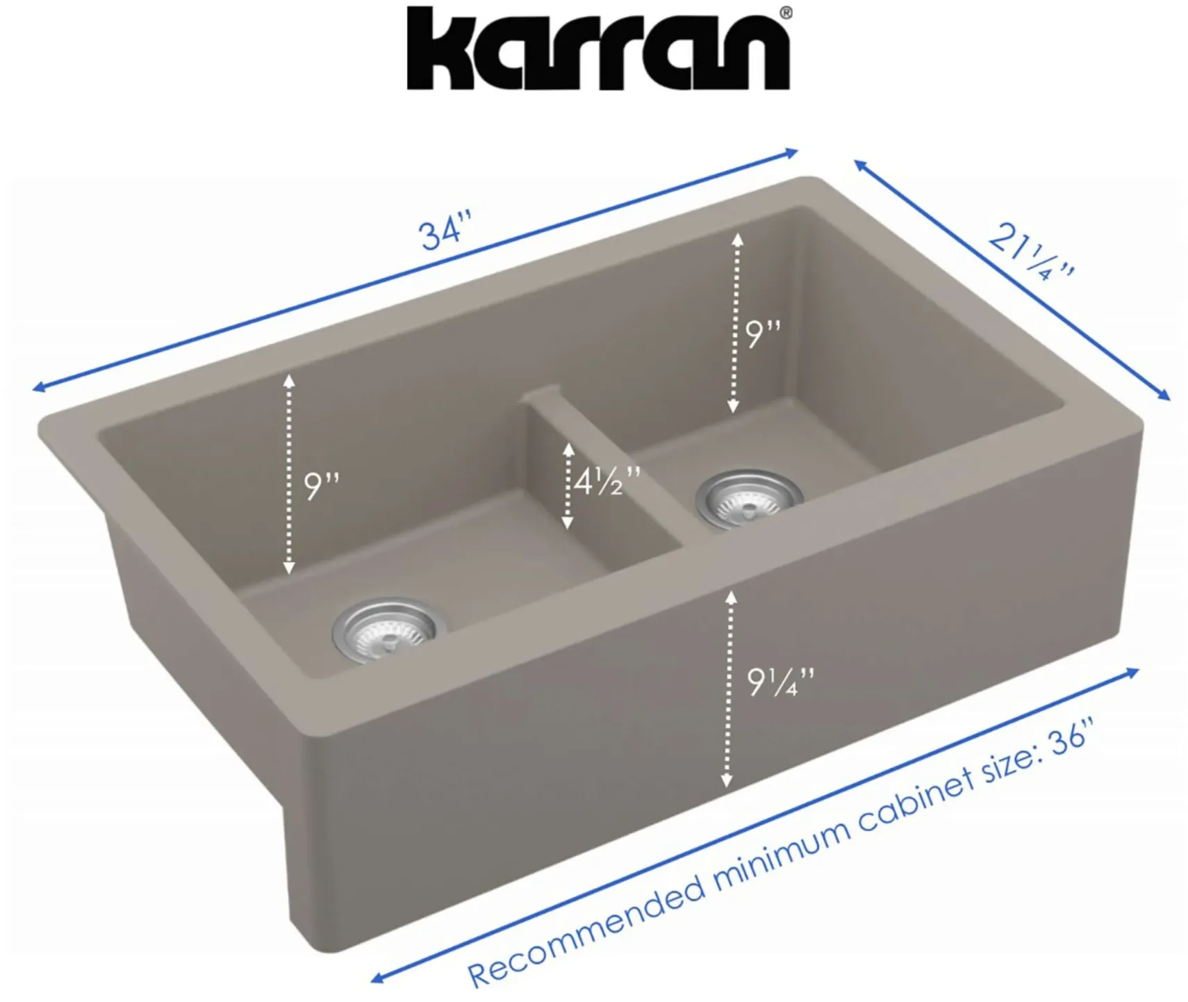 Karran 34" Quartz Composite Farmhouse Sink, 60/40 Double Bowl, Concrete, QA-760-CN-PK1