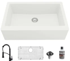 Karran 34" Quartz Composite Farmhouse Sink with Matte Black Faucet and Accessories, White, QA740WH210MB