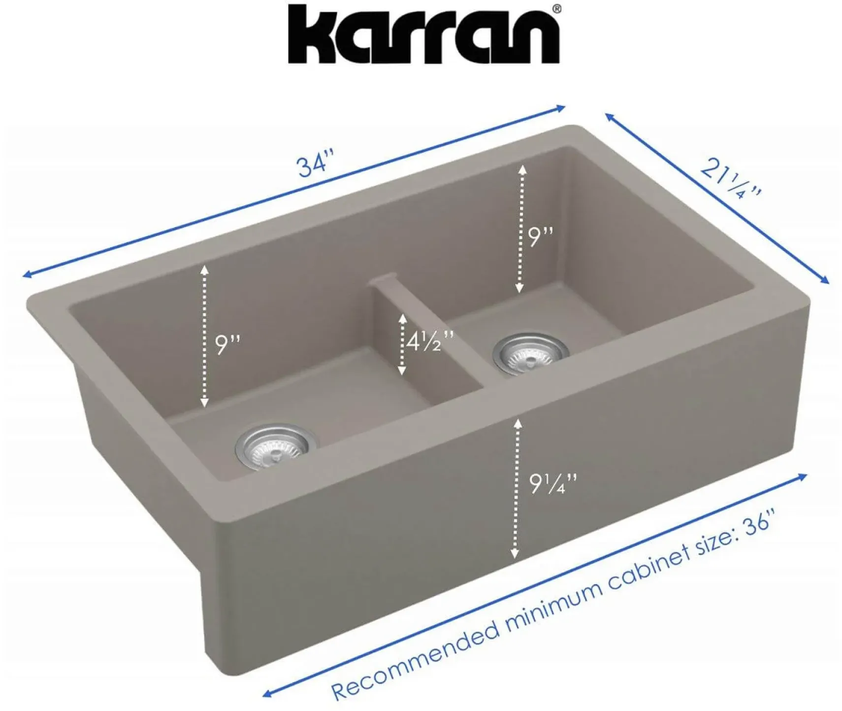 Karran 34" Quartz Composite Farmhouse Sink, 60/40 Double Bowl, Concrete, QA-760-CN