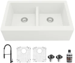 Karran 34" Quartz Composite Farmhouse Sink with Matte Black Faucet and Accessories, 50/50 Double Bowl, White, QA750WH220MB