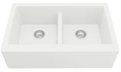 Karran 34" Quartz Composite Farmhouse Sink with Matte Black Faucet and Accessories, 50/50 Double Bowl, White, QA750WH220MB