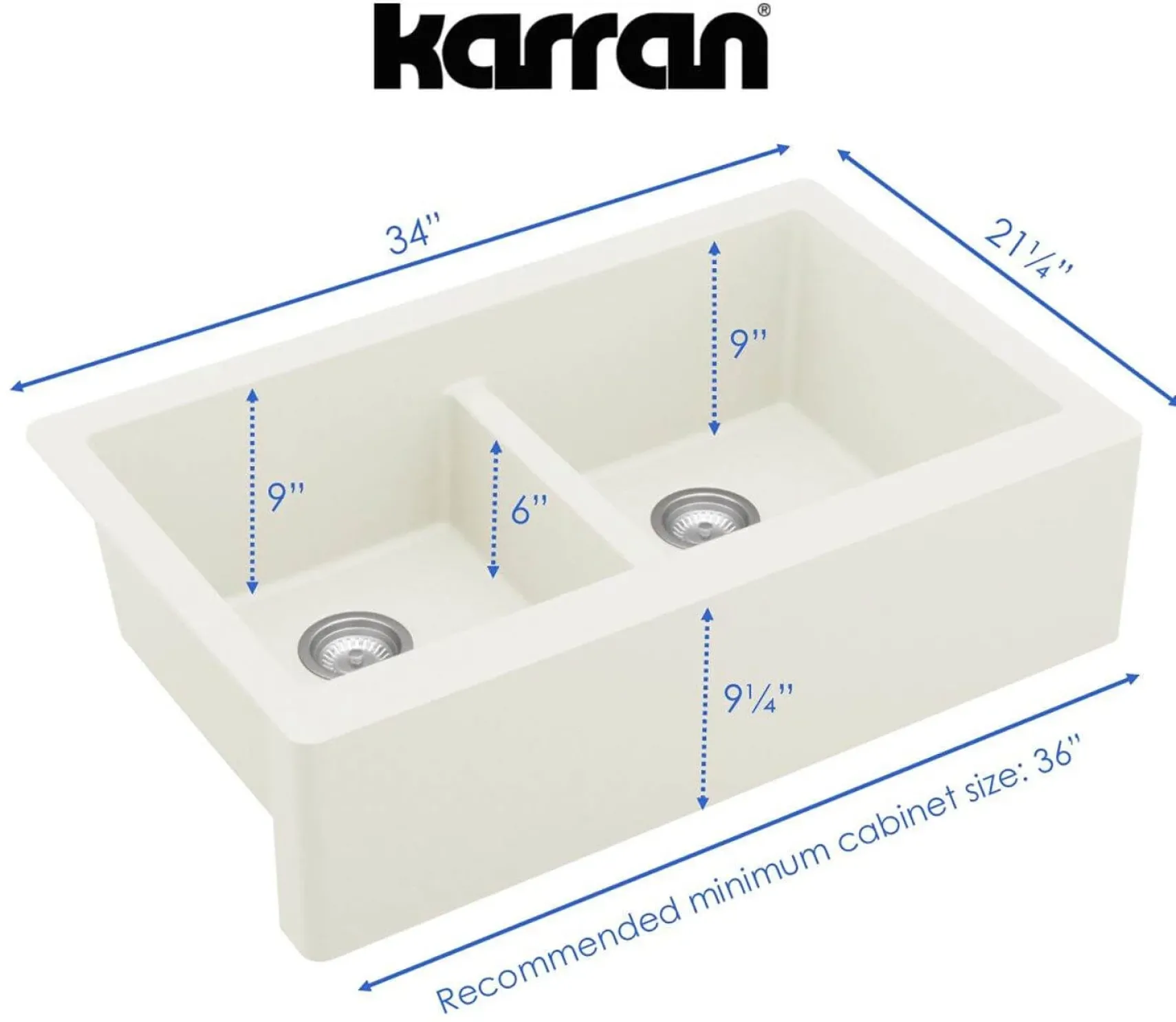 Karran 34" Quartz Composite Farmhouse Sink, 50/50 Double Bowl, White, QA-750-WH