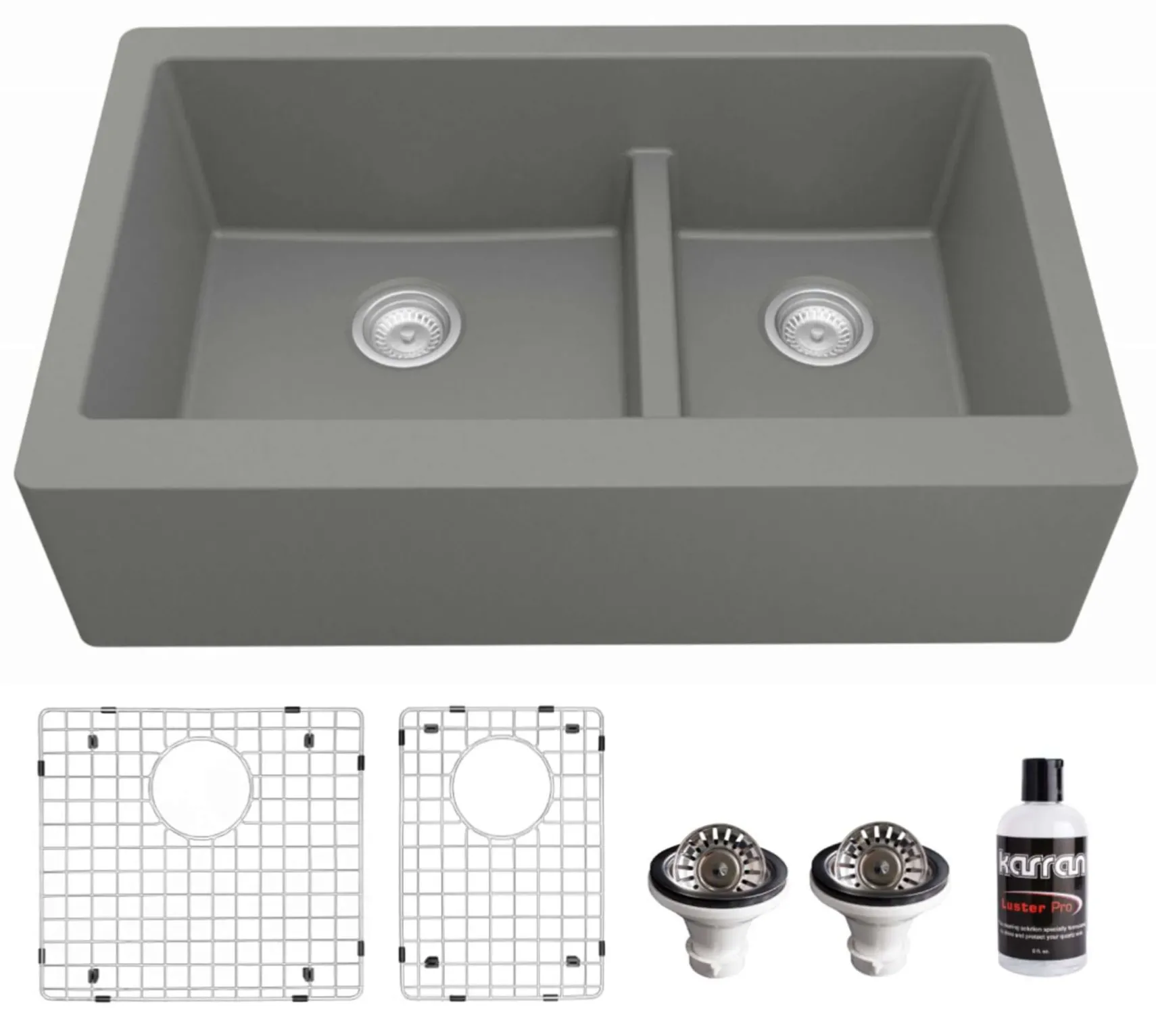 Karran 34" Quartz Composite Farmhouse Sink, 60/40 Double Bowl, Grey, QA-760-GR-PK1