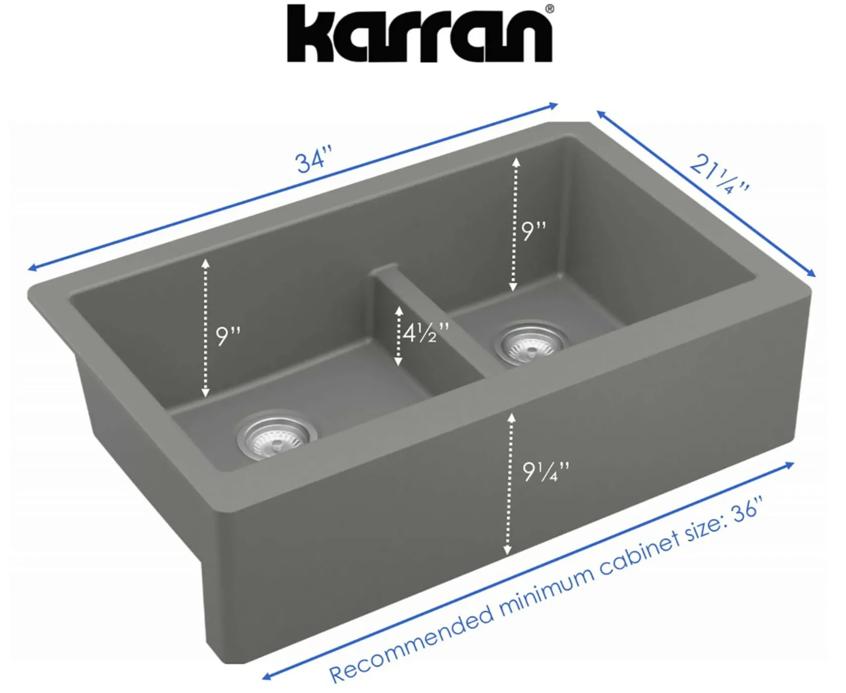 Karran 34" Quartz Composite Farmhouse Sink, 60/40 Double Bowl, Grey, QA-760-GR-PK1