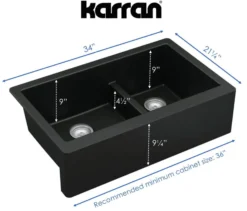 Karran 34" Quartz Composite Farmhouse Sink, 60/40 Double Bowl, Black, QA-760-BL