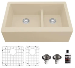 Karran 34" Quartz Composite Farmhouse Sink, 60/40 Double Bowl, Bisque, QA-760-BI-PK1