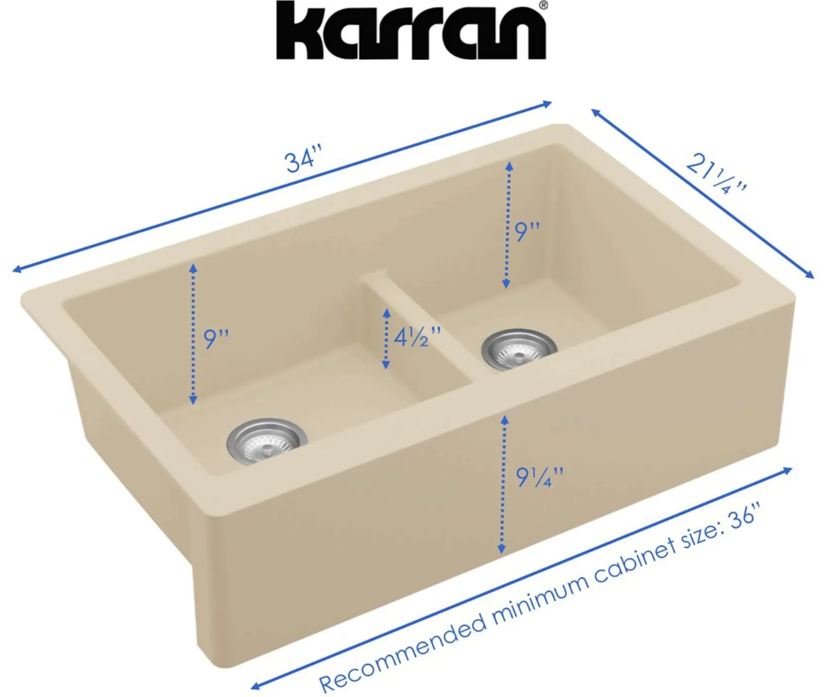 Karran 34" Quartz Composite Farmhouse Sink, 60/40 Double Bowl, Bisque, QA-760-BI-PK1