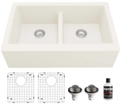 Karran 34" Quartz Composite Farmhouse Sink, 50/50 Double Bowl, White, QA-750-WH-PK1