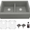 Karran 34" Quartz Composite Farmhouse Sink, 50/50 Double Bowl, Grey, QA-750-GR-PK1