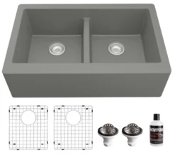 Karran 34" Quartz Composite Farmhouse Sink, 50/50 Double Bowl, Grey, QA-750-GR-PK1