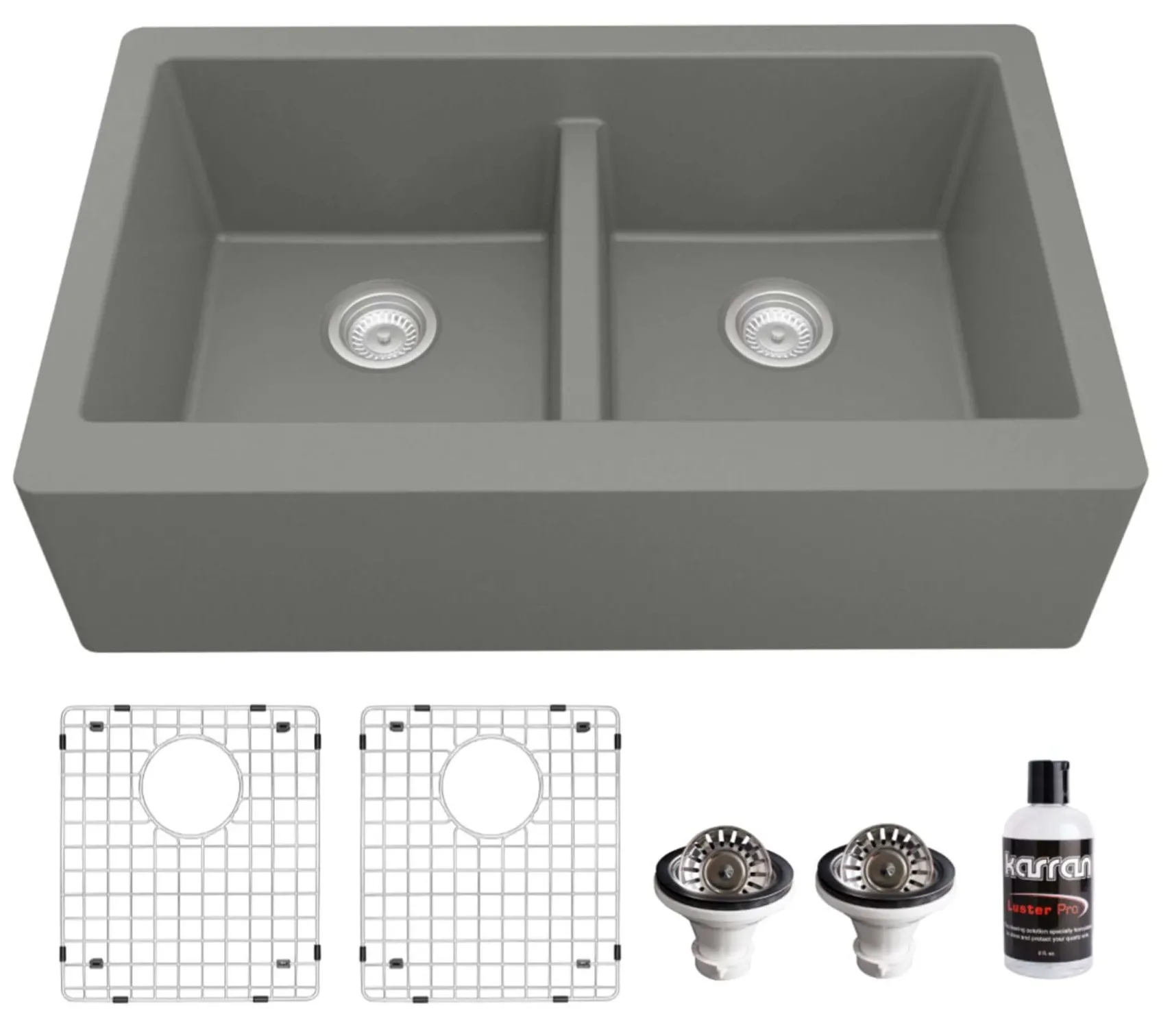 Karran 34" Quartz Composite Farmhouse Sink, 50/50 Double Bowl, Grey, QA-750-GR-PK1