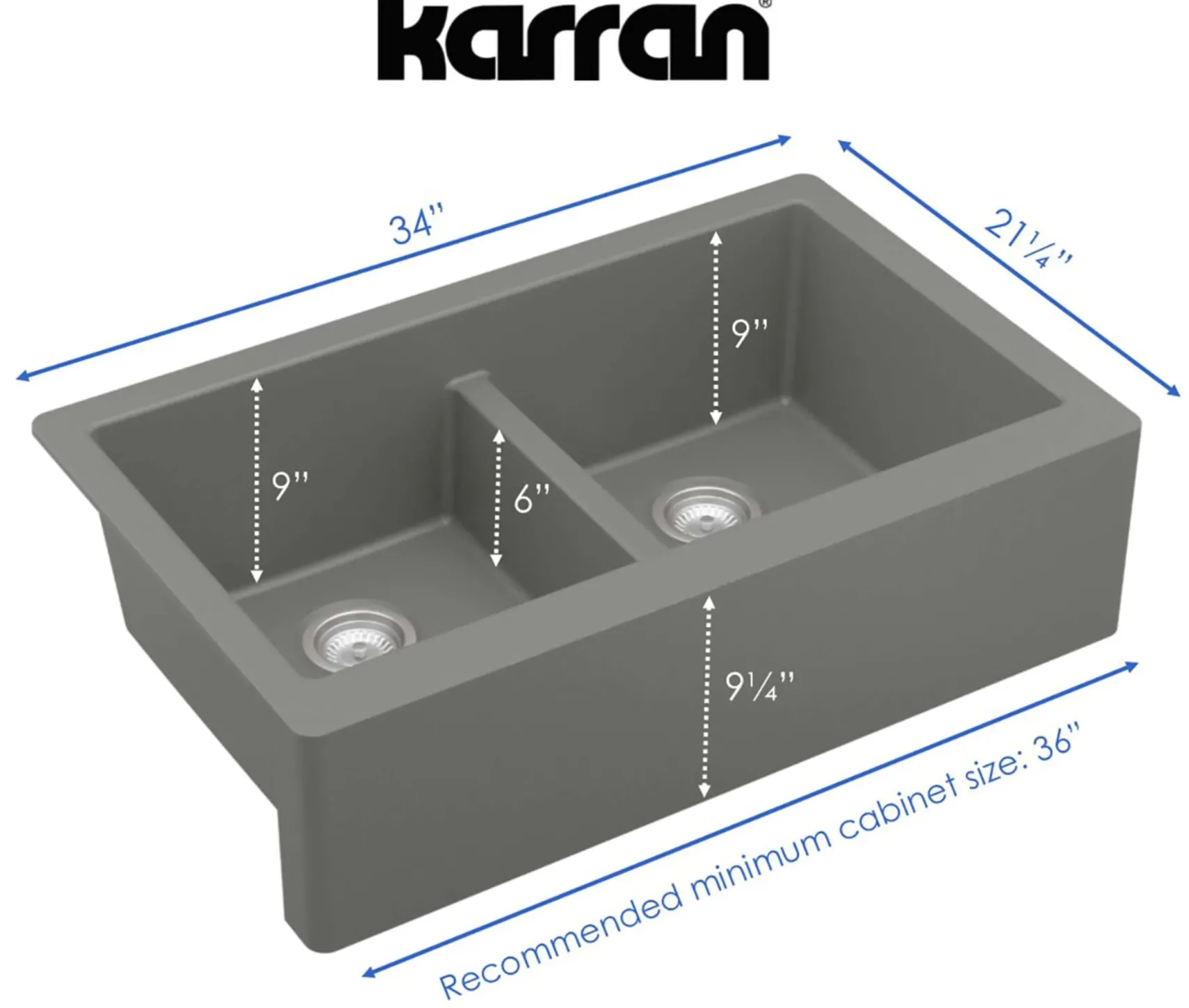 Karran 34" Quartz Composite Farmhouse Sink, 50/50 Double Bowl, Grey, QA-750-GR-PK1