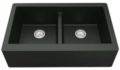 Karran 34" Quartz Composite Farmhouse Sink with Stainless Steel Faucet and Accessories, 50/50 Double Bowl, Black, QA750BL210SS