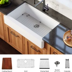 Karran 34" Quartz Composite Retrofit Workstation Farmhouse Sink with Accessories, White, QARWS-740-WH