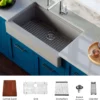 Karran 34" Quartz Composite Retrofit Workstation Farmhouse Sink with Accessories, Grey, QARWS-740-GR