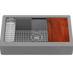 Karran 34" Quartz Composite Retrofit Workstation Farmhouse Sink with Accessories, Grey, QARWS-740-GR